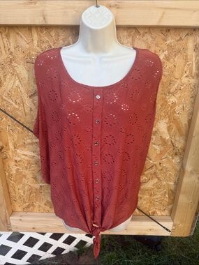 Perseption Rust Eyelet Button Front Tie-Hem Blouse